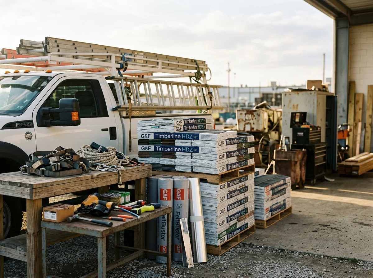 Professional roofing crew with tools and equipment ready for residential and commercial projects.