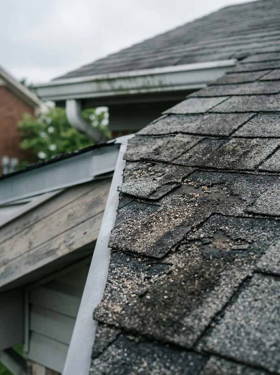 Close-up of algae-stained shingles on a north-facing roof slope in Elizabethtown Kentucky showing granule loss and surface degradation from humidity exposure.