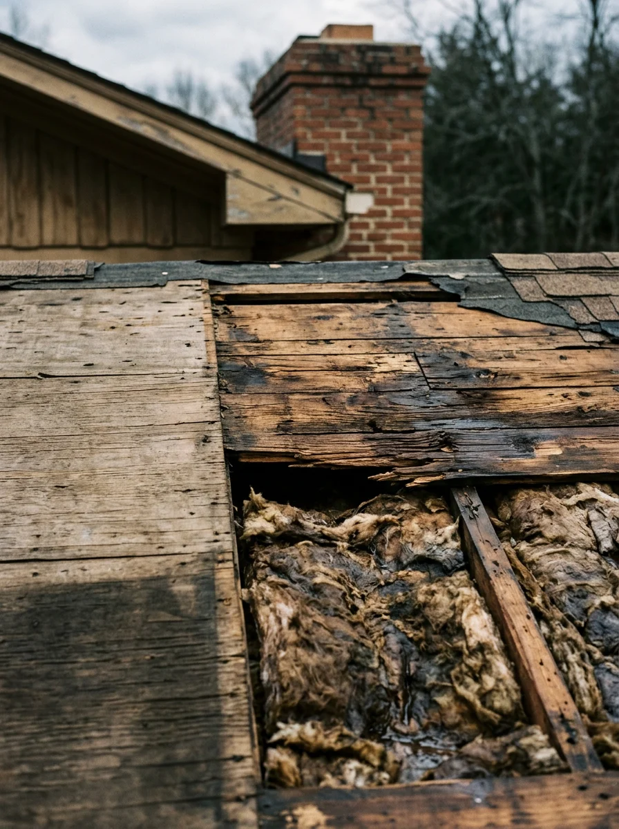 Close-up of deteriorated wood decking and moisture-damaged insulation exposed during a roof replacement on a mid-century Frankfort Kentucky home.