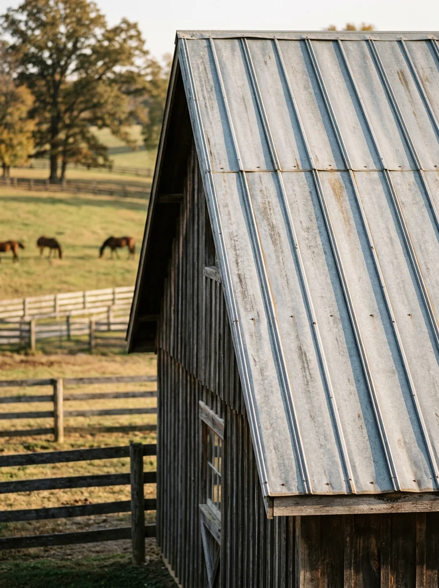 Close-up of a metal standing-seam roof on a large horse barn near Lexington Kentucky, showing the wide roof plane and open pasture surroundings.
