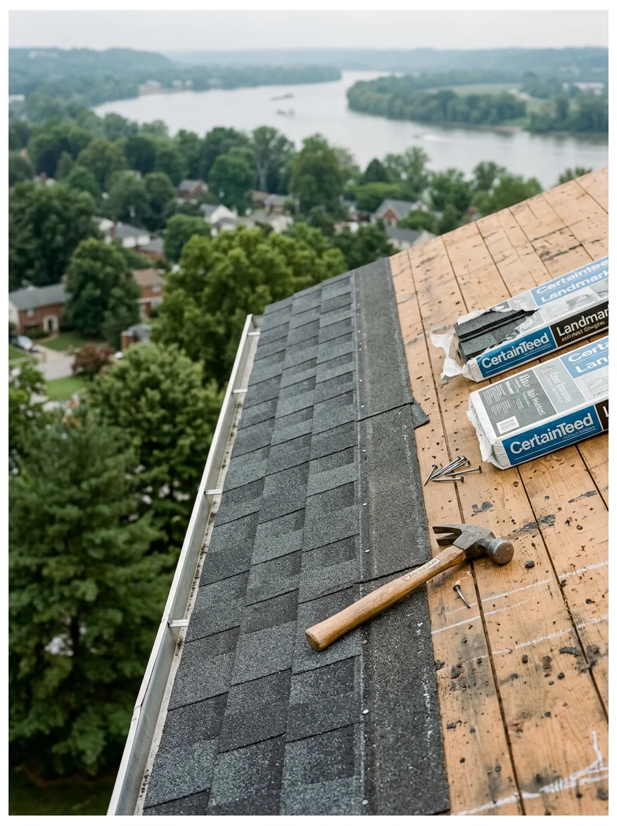 Close-up of a roofing crew installing architectural shingles on a Louisville home with the Ohio River visible in the background distance.