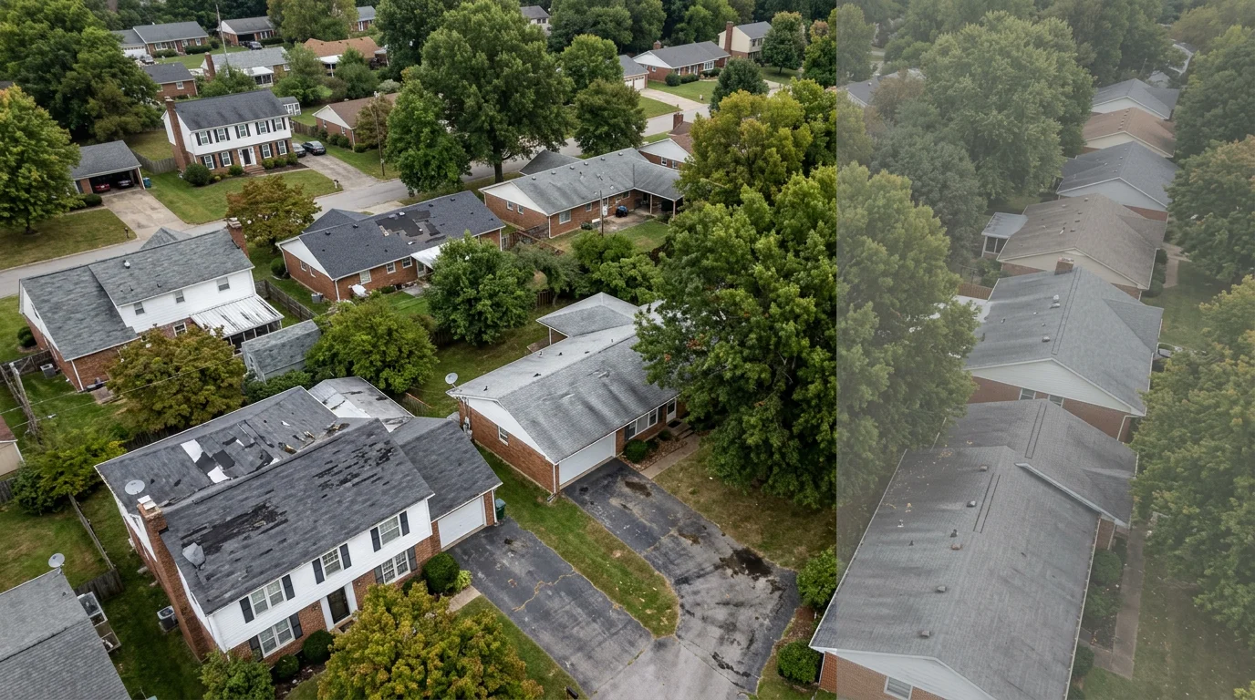 Aerial view of a Louisville Kentucky residential neighborhood showing asphalt shingle rooftops on a mix of postwar ranch homes and older two-story houses, with storm damage visible on several slopes.