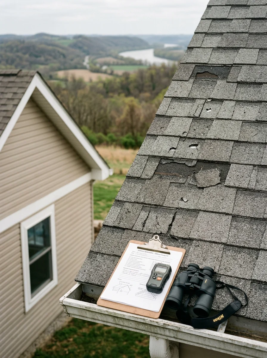 Roofing crew inspecting storm damage on a hilltop home in Oldham County Kentucky, with the Ohio River valley visible in the distance.