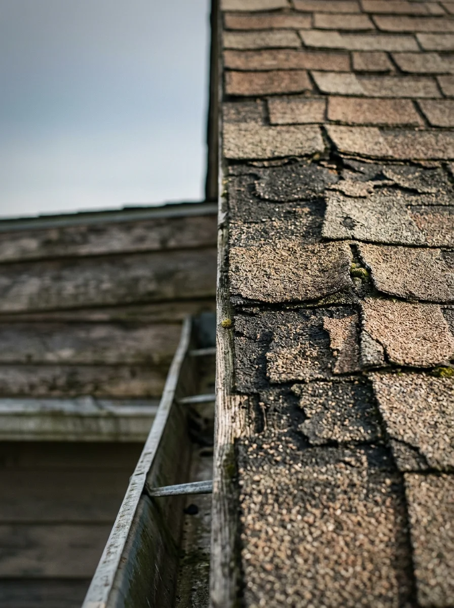 Close-up of worn asphalt shingles on a Shelbyville Kentucky home showing granule loss and lifted tabs from wind exposure on an open rural lot.