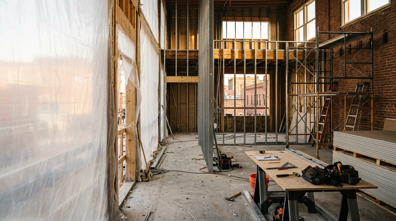 A commercial building exterior under active construction in Louisville, Kentucky, with framing and roofing work visible. A general contractor crew works on a mid-size commercial structure representing the type of project American Elite Roofing manages across the Louisville area.