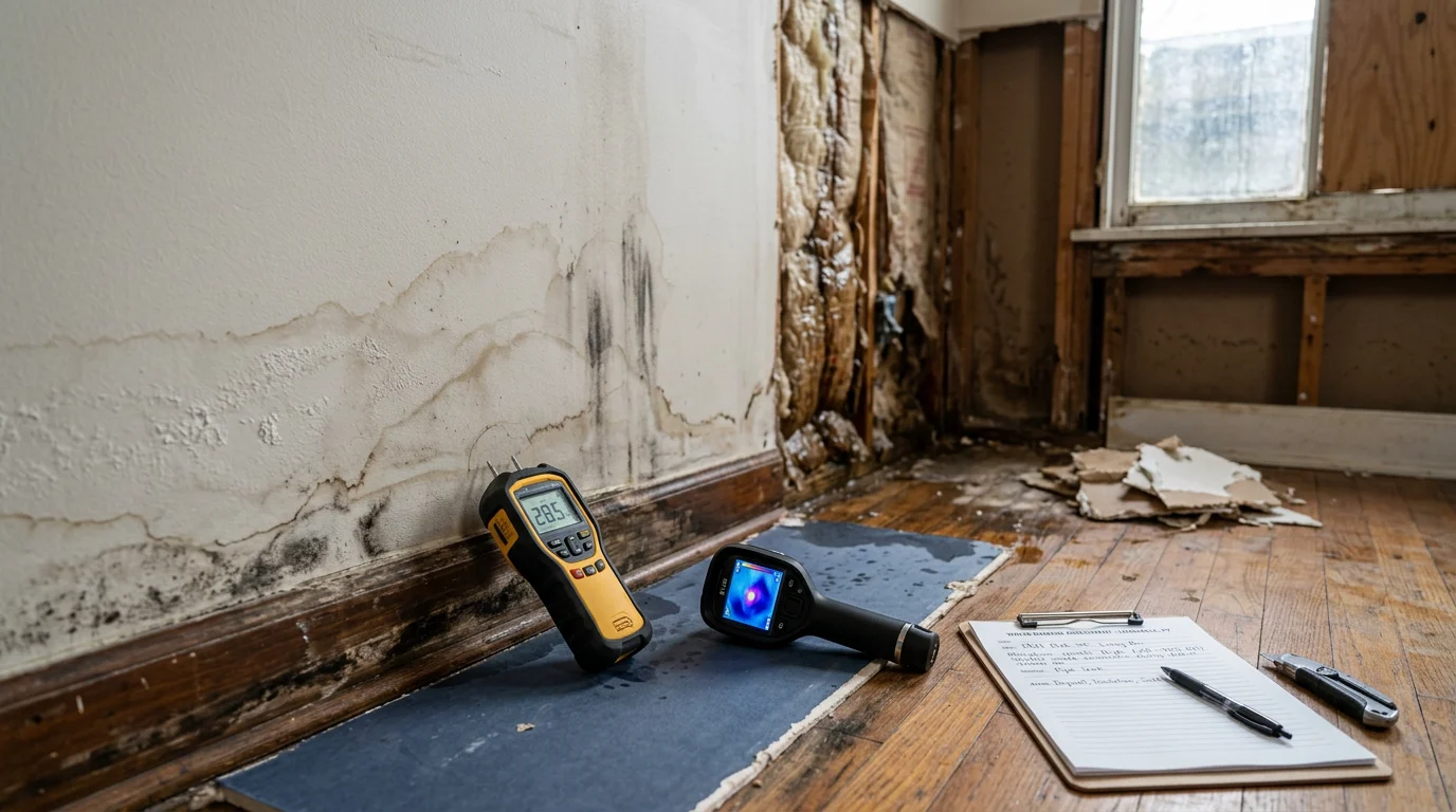 A water damage assessment being performed inside a Louisville home, with a technician inspecting a water-stained wall and floor near a damaged baseboard. Moisture readings and documentation materials are visible on a nearby surface.