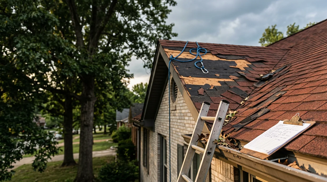 A Louisville-area home roof showing storm damage with lifted shingles and exposed underlayment after a severe weather event. An American Elite Roofing crew member inspects the damaged section from the roof surface.