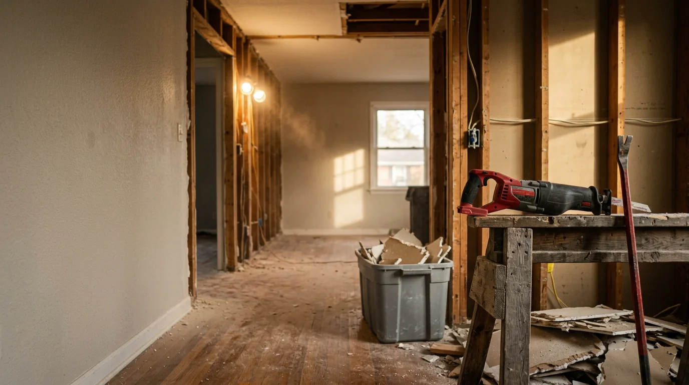 Interior demolition in progress inside a Louisville home, with walls stripped to the studs and flooring removed in preparation for renovation. Debris is staged for removal while surrounding structural elements remain intact.