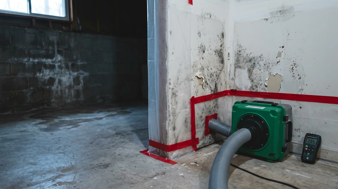 A remediated basement in a Louisville home showing clean, exposed framing after mold-damaged drywall has been removed and structural surfaces treated. Containment plastic is visible along the perimeter of the work area.