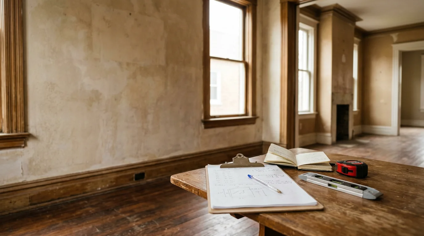 A general contractor reviewing a remodeling plan with a Louisville homeowner inside an older home with original woodwork and updated interior spaces. The consultation takes place in a well-lit room showing areas marked for renovation.