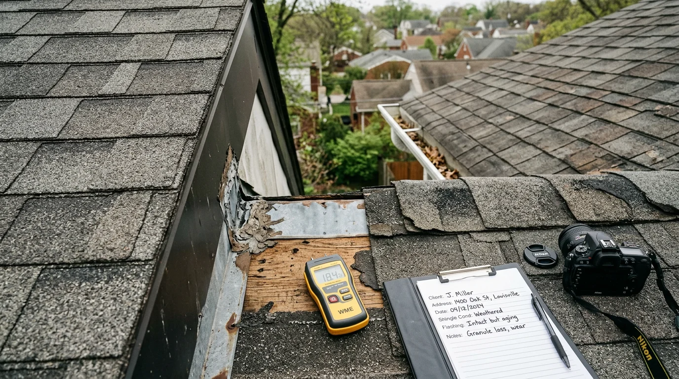 A roofing contractor from American Elite Roofing inspecting shingles and flashing on a residential home in Louisville, Kentucky. The inspector examines the roof surface for storm damage and wear caused by local seasonal weather.