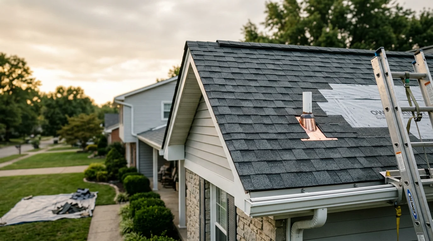 A newly installed residential roof on a Louisville, Kentucky home, showing clean shingle lines, finished ridge cap, and completed flashing around roof penetrations. The surrounding neighborhood reflects a typical central Kentucky residential street.