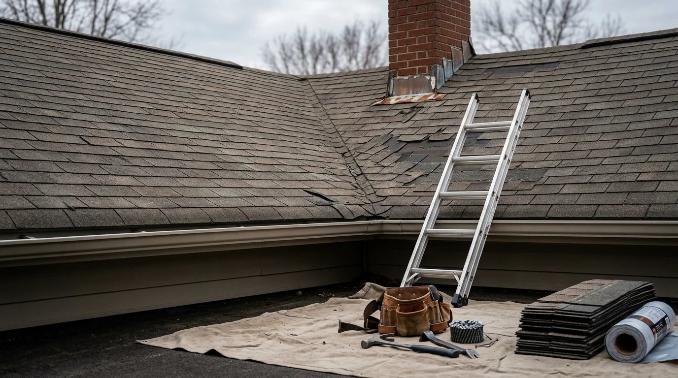 A roofing contractor repairing damaged shingles and flashing on a residential home in Louisville, Kentucky. Close-up view of the repair area showing replaced shingles and sealed flashing along a roof valley.