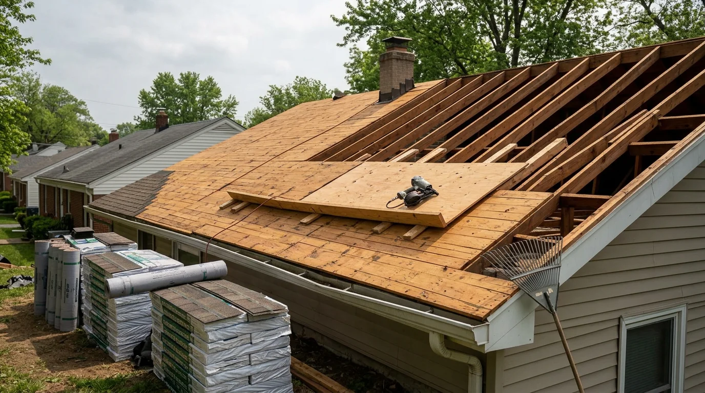 A completed roof replacement on a residential home in Louisville, Kentucky, showing a full new roofing system installed over a two-story house. The image captures the finished slope and clean ridge line against a typical Louisville neighborhood backdrop.
