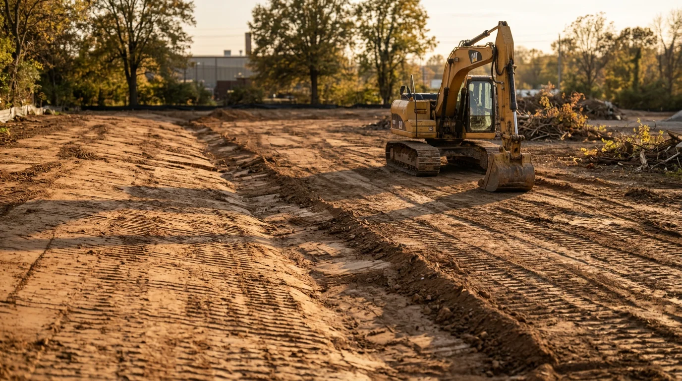 A cleared and graded construction lot in Louisville, Kentucky with compacted soil and level ground ready for new building work. Heavy equipment tracks are visible across the prepared site surface.