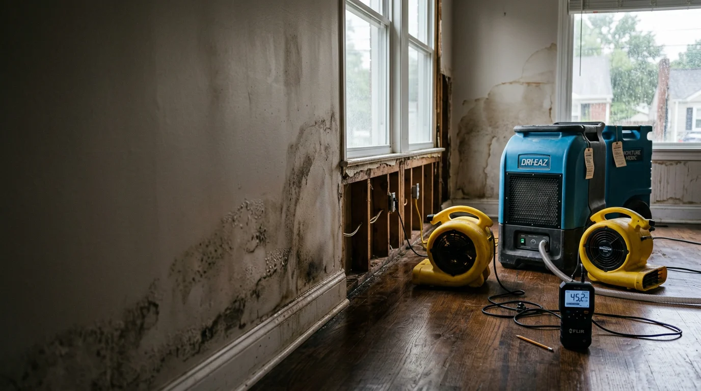 Industrial air movers and dehumidifiers positioned along the walls of a water-damaged room in a Louisville home during the structural drying process. Moisture readings are being taken on exposed drywall and wood framing to track drying progress.