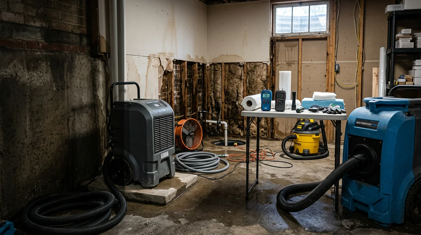 A technician inspecting water-damaged drywall and flooring inside a Louisville, Kentucky home after storm flooding. Moisture damage is visible along the base of interior walls near a ground-floor room.