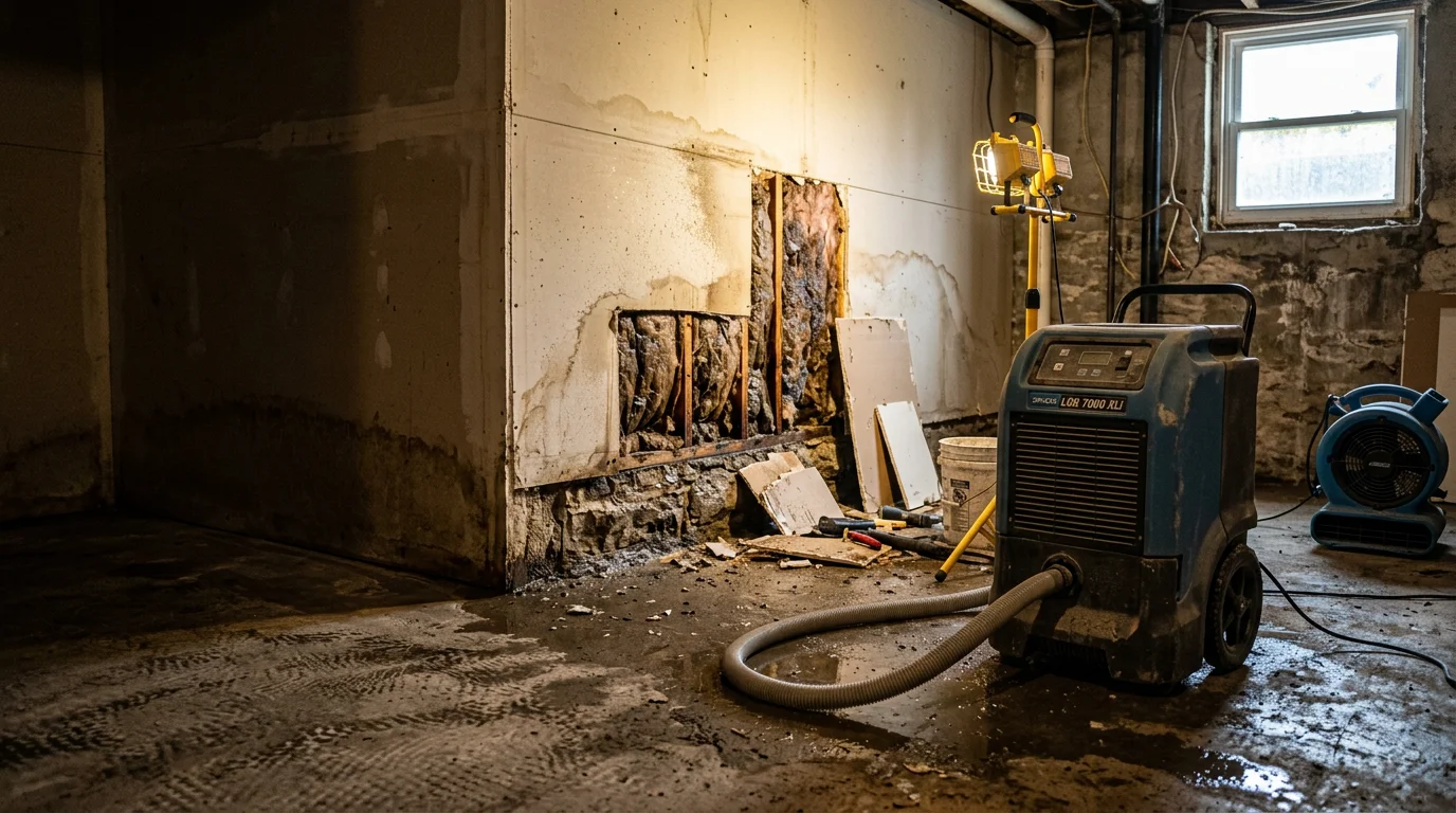 Interior of a Louisville-area home showing water extraction work in progress on a flooded ground floor. A restoration technician works near saturated flooring and water-stained drywall following storm-related flooding.
